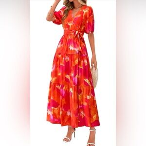 Resort Wear Boho Floral V Neck Puff Short Sleeve Ruffle Flowy Beach Long Dresses